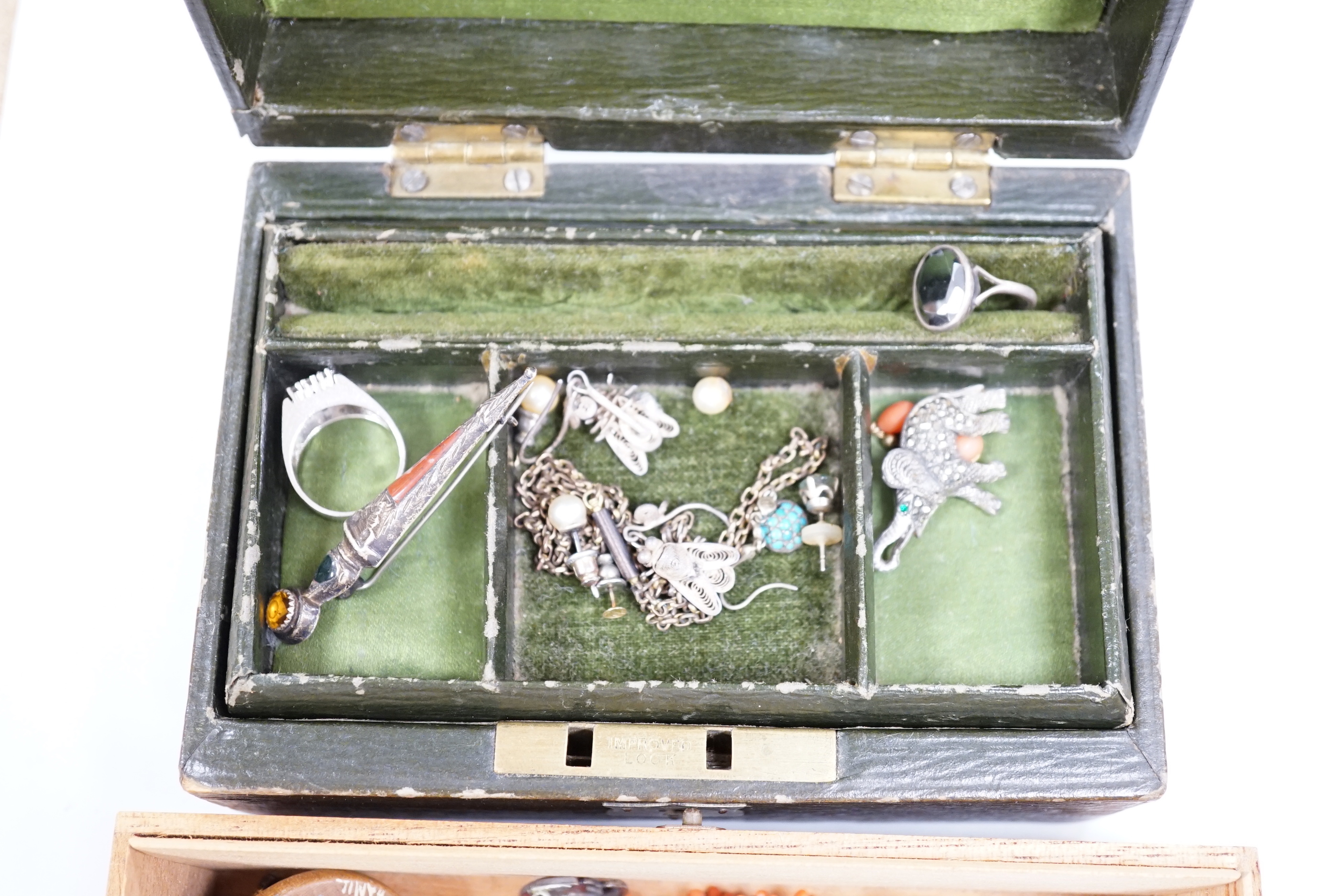 A quantity of assorted mainly costume jewellery, etc, including a pair of 9ct and coral set drop earrings and a sterling and Scottish hardstone set dirk brooch.